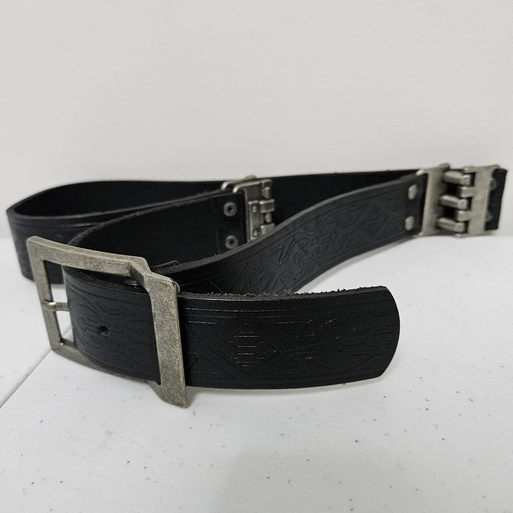 Steampunk Goth Celtic Industrial Belt 38 Black Embossed Leather Metal Link Hinge